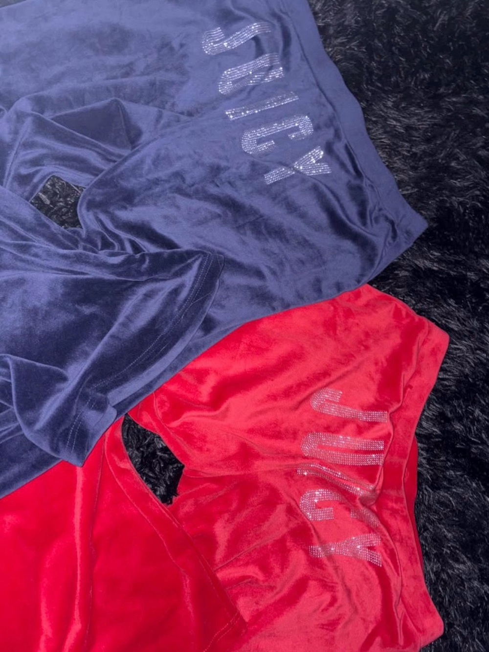 Juicy Couture Velour Tops with Crystal 'JUICY' Logo - Navy & Red
